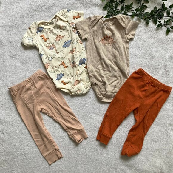 Pekkle Baby Toddler Organic Cotton 4-pc Set 18M | EUC Neutral Dino Bodysuit Pant - Picture 1 of 16
